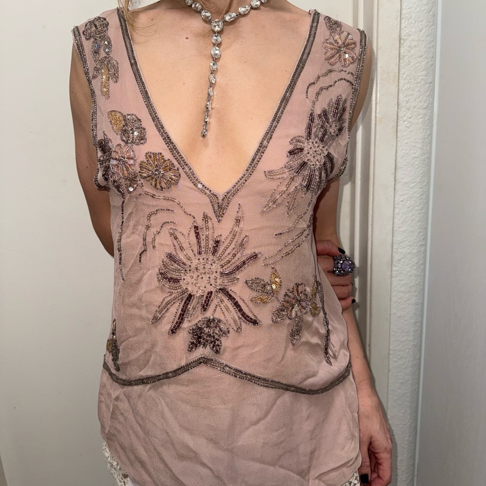 Zara Blush Pink Beaded Floral V-Neck Camisole